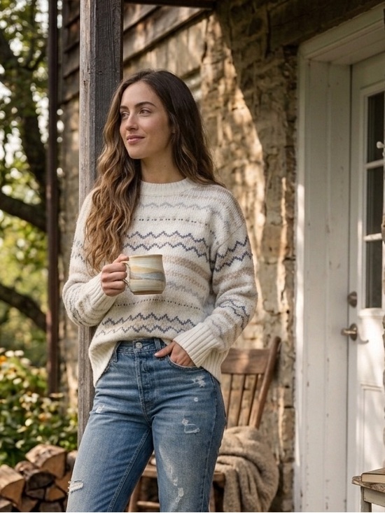 American Eagle Outfitters Sweaters - AE Cottagecore Fair Isle Pattern Knit Pullover Sweater Cream Tan Boho Oversized
